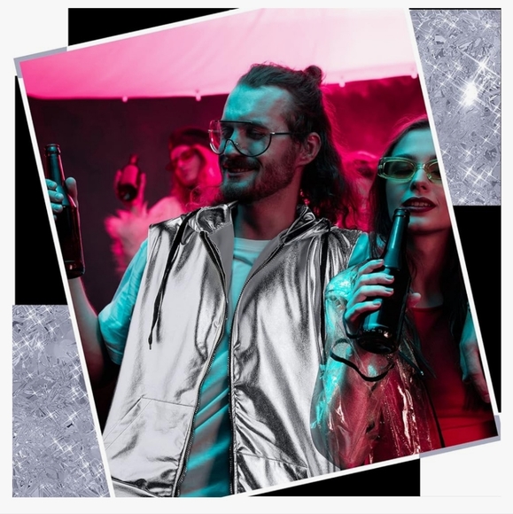 Silver Metallic Festival Zip Sleeveless Vest Disco Hooded Lightweight - Picture 5 of 5